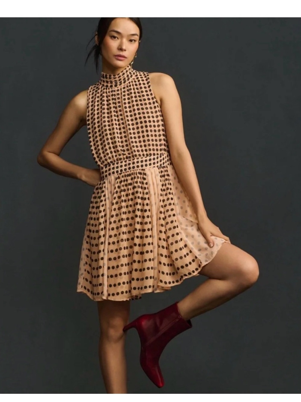 Maeve Nude Polka Dot High-Neck Mini Dress